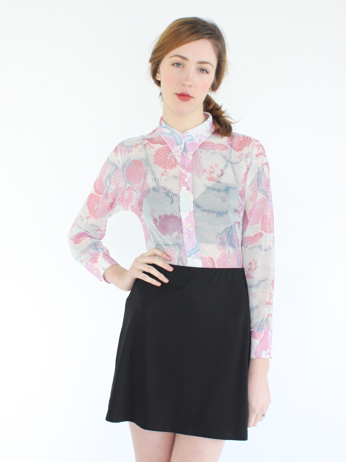 RESERVED for Sarah vintage 70s sheer novelty print blouse / pink blue nature tree print mesh shirt