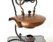 Antique Copper Tea Kettle Teapot - Wrought Iron Stand - Tea Pot Warmer - Metalware Aged Patina & Vintage Character