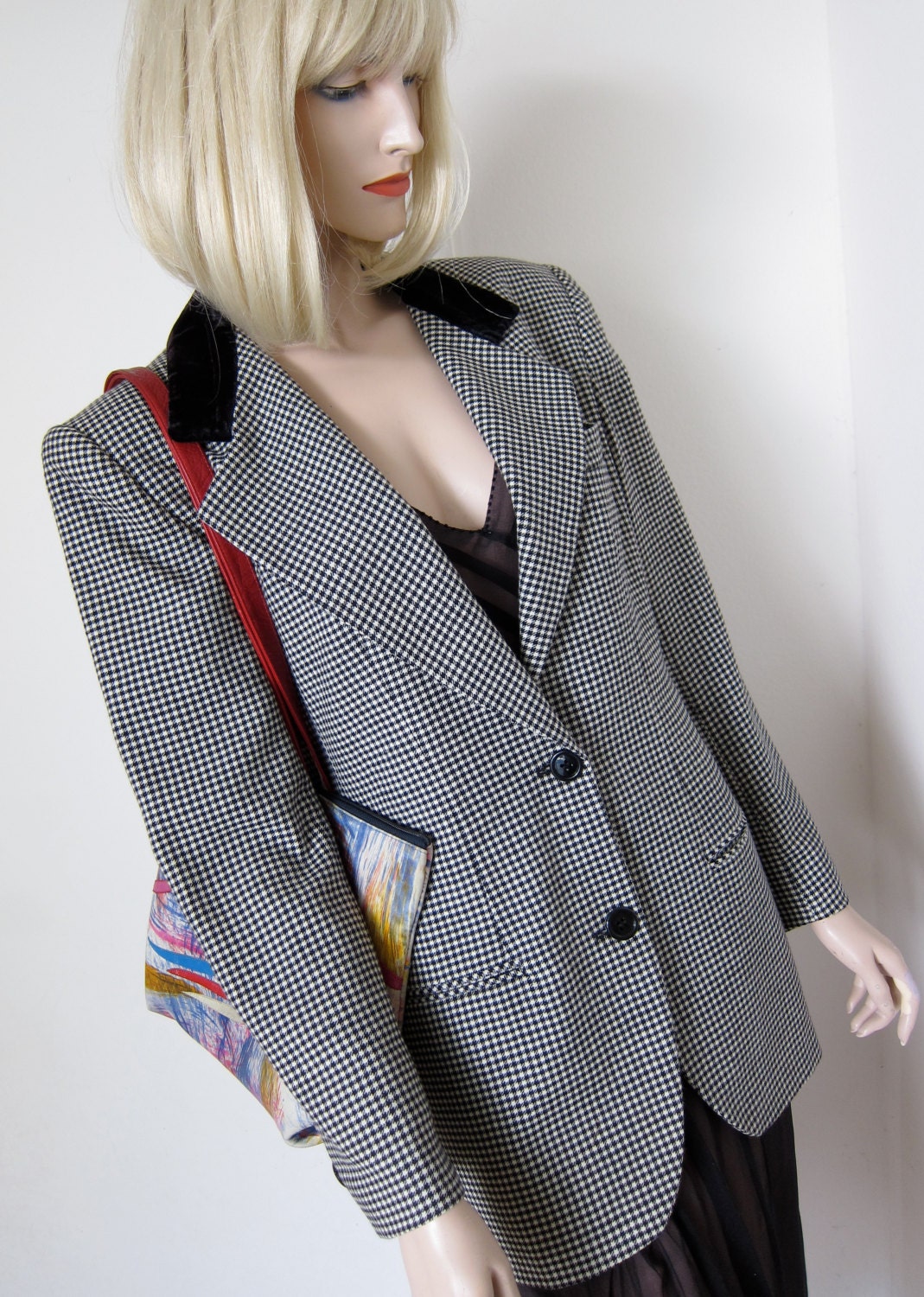 80s Giorgio Sant' Angelo Jacket Tailored Riding Hacking - Vintage Houndstooth Check - Merino Wool Black Velvet Collar M Size 8