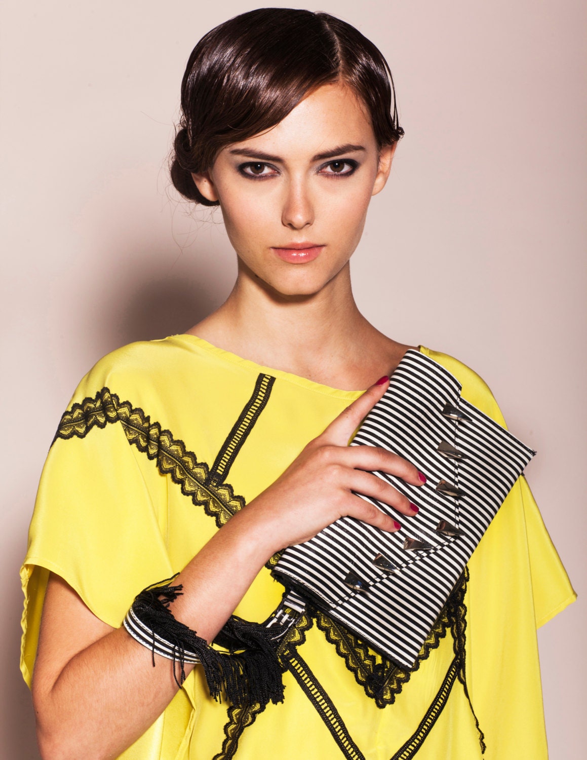 Striped Leather Spikes Fringe Wristlet Clutch