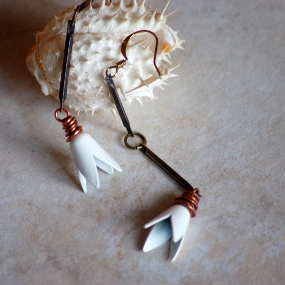 White Enamel Flower Earrings Metal Blackened Brass and Copper Long Drop