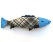 Plaid and blue wool fish pillow