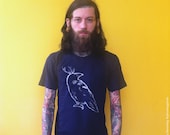 raven, crow, silver, raven etsy, blue mens tee, navy, crow tshirt, mens gift, crow clothing men, 1AEON navy blue tee w silver crow - Size XL