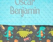 Gray Baby Boy Blanket , Minky and Dino Dinosaur Blanket for Toddlers - PERSONALIZED - 36x40