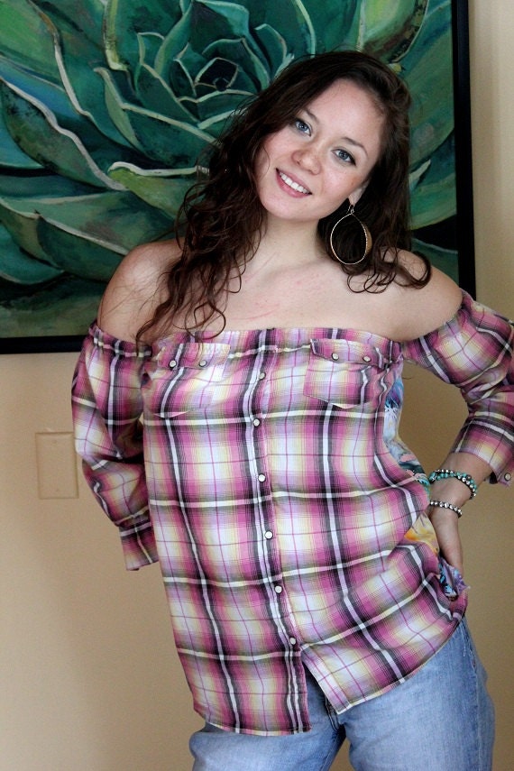 REVIVAL Upcycled Boho Top/Shirt, Off the Shoulder, Country Western Plaid, Small to Medium, Recycled, Repurposed, Eco Friendly Clothing