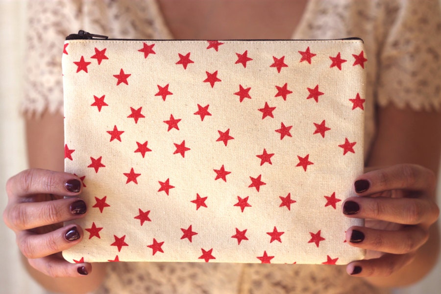 Watermelon Stars Canvas Zipper Pouch, Hand Printed, Hot Pink