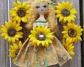 Primitive Sunflower Wreath with Folk Art Doll Spring Summer