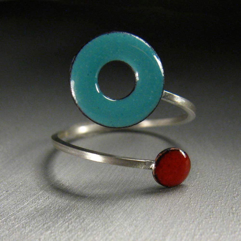 Ready to Ship: Lifesaver In Orbit Ring, Robins Egg and Cherry Red Kiln-fired Glass Enamel and Sterling Silver, Adjustable