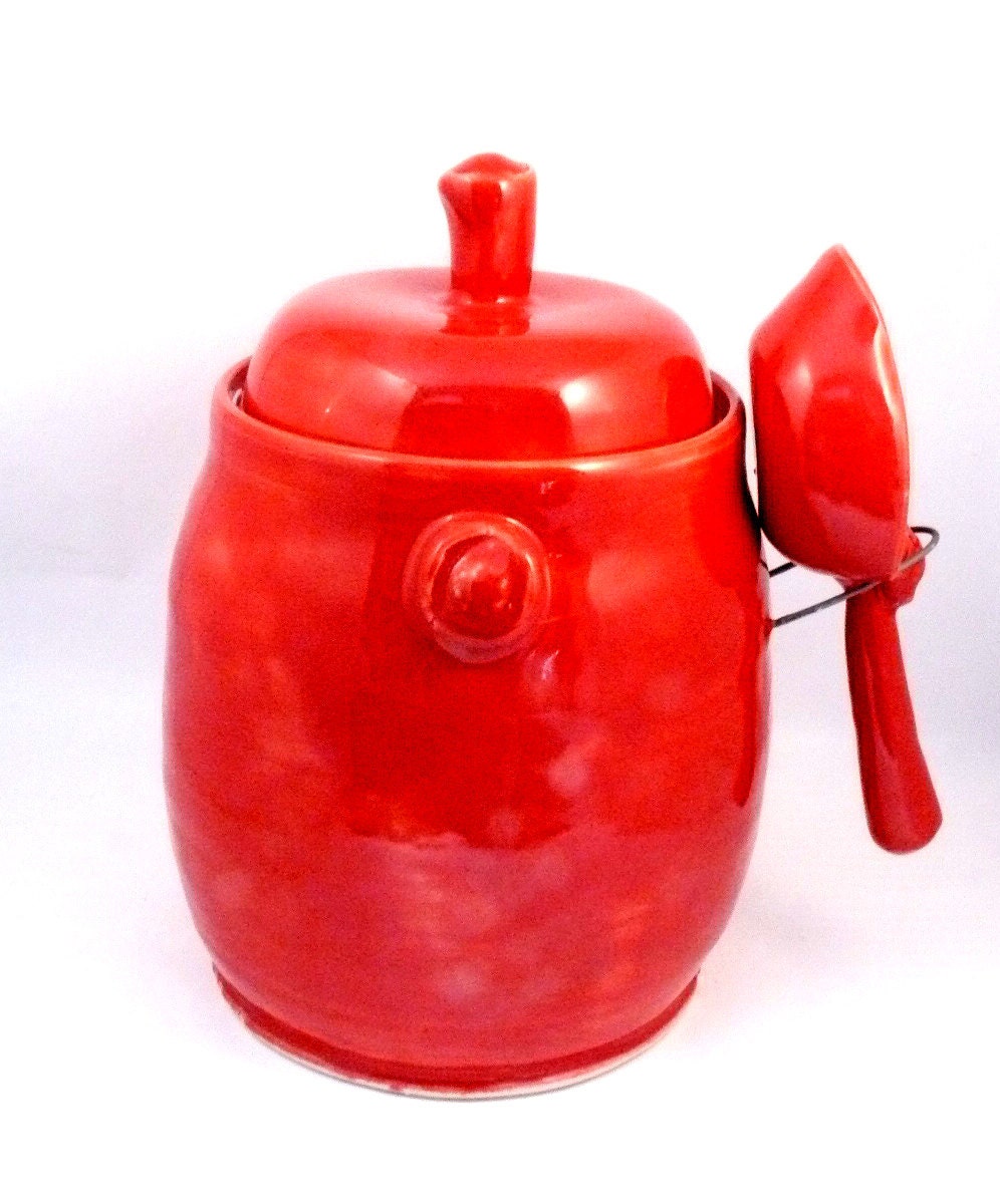 Poppy Red Ceramic Canister with matching scoop  - Storage Jar Ready to Ship Today