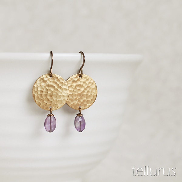 Chandra Earrings - hammered gold disks & amethyst nuggets earrings