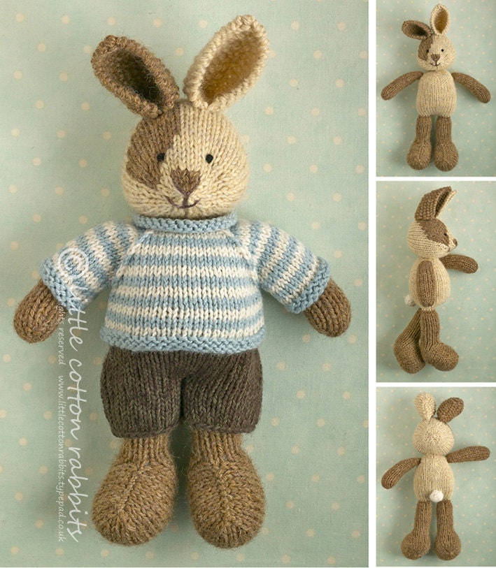Knitting pattern for a bunny boy with a piebald patch, shorts and a stripy sweater