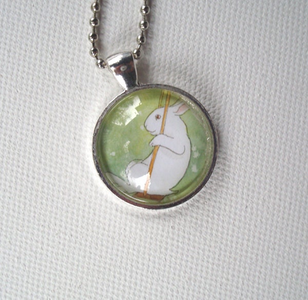 Bunny on a Swing - Round Pendant - Unique Rabbit Necklace