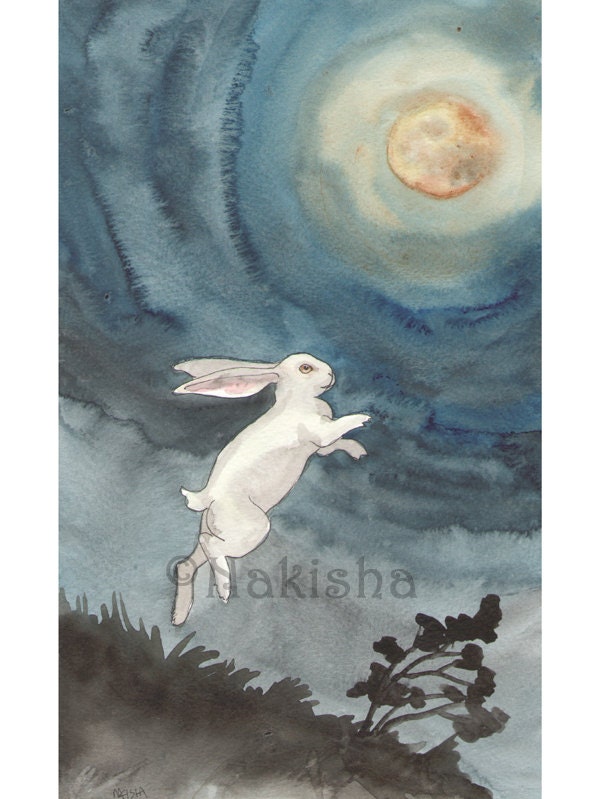 Original Watercolor Rabbit Painting - Full Moon, Ghostly Rabbit
