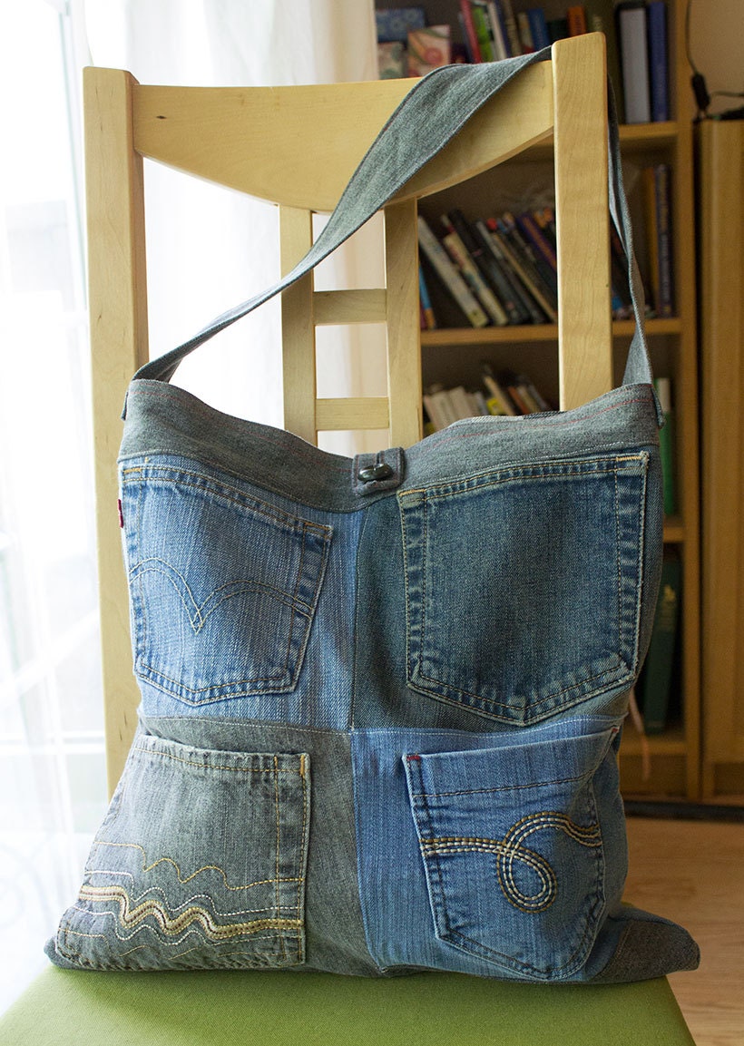 Deconstructed Denim Tote Bag, Multi Pockets, Patchwork, All Repurposed Materials, Washable, Big