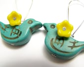Turquoise Bird Earrings, Yellow & Turquoise Earrings, Blue Stone and Czech Glass Flower Beads on Kidneywires, Bird Drop Earrings - Duckie