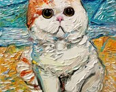 Cutest Cat Among the Wheat Sheaves and the Rising Moon - print of original oil painting 16x20 inches