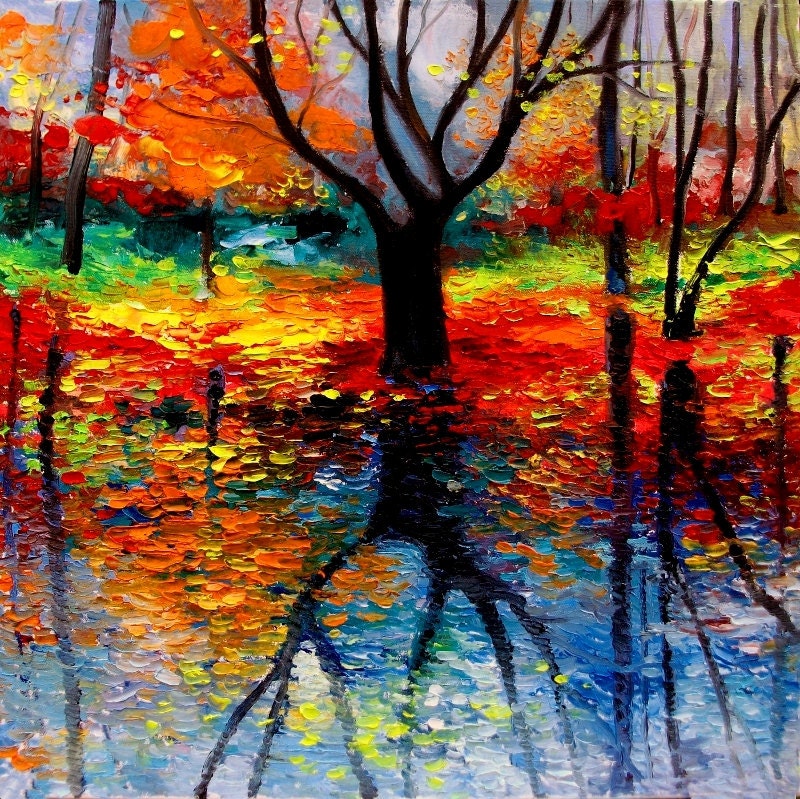 Landscape original oil painting impasto cherry tree by Aja Reflections In The Water 20x20 inches