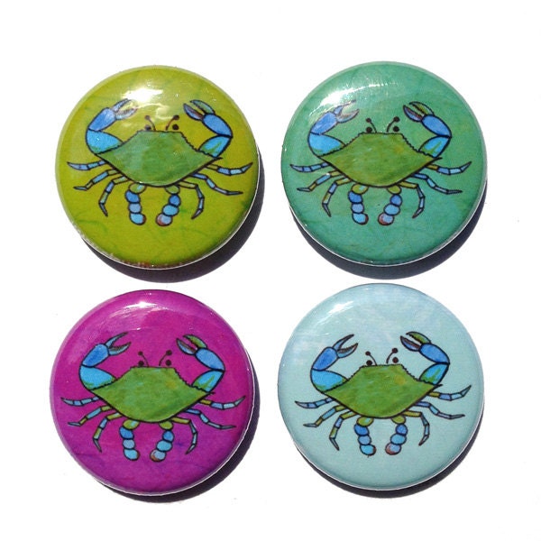 Blue Crab Magnets - Blue Crab Pinback Buttons -  set of 4 - 1 inch magnets, pins, Chesapeake Bay blue crab, art, fridge magnet