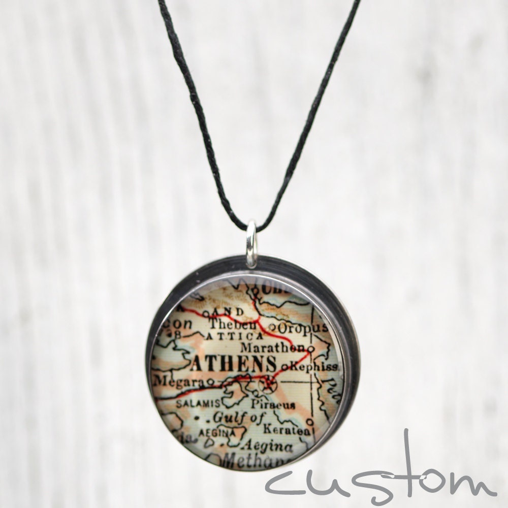 CUSTOM Antique Map Pendant Recycled Sterling Silver on Black Linen Cord