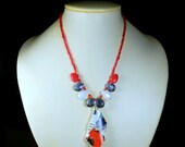Wire Wrapped Red White & Blue Pottery Shard Necklace - OOAK Pendant with Red Coral, Moonstone and Sapphire Blue Czech Glass Teardrops