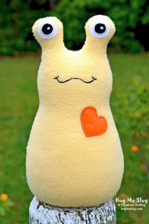 Handmade Slug, Stuffed Animal Plush Kids Art Toy, Hug Me Slug, Personalized Tag, Banana Yellow, Orange Fleece, 9 inch, Ready-made