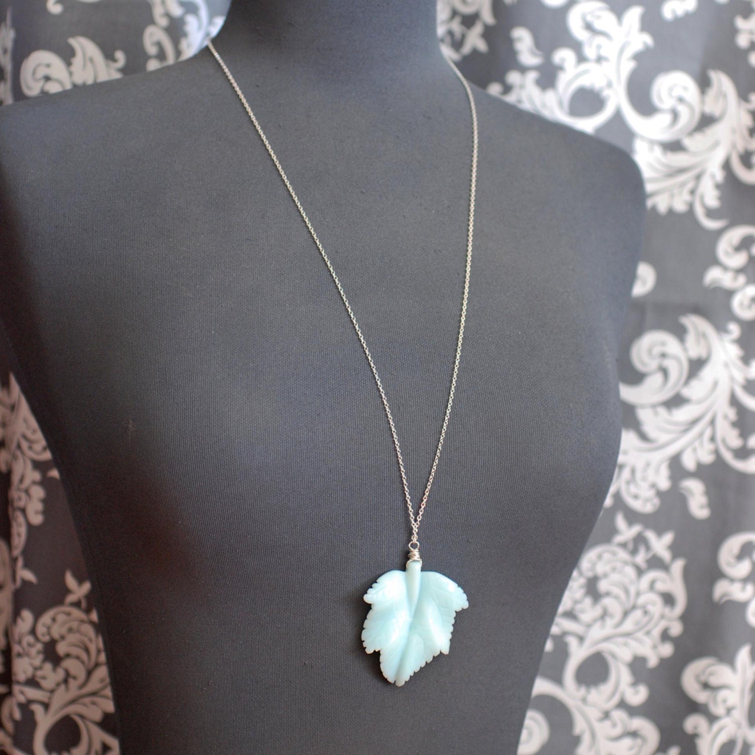 Long Necklace, Leaf Necklace, Blue Long Necklace, Amazonite Sterling Silver Extra Long Necklace, Jewelry Gift