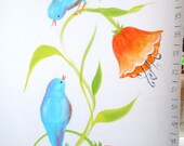 Blue Bird Growth Chart flowers pink nursery wall decor original painting art canvas custom personalized