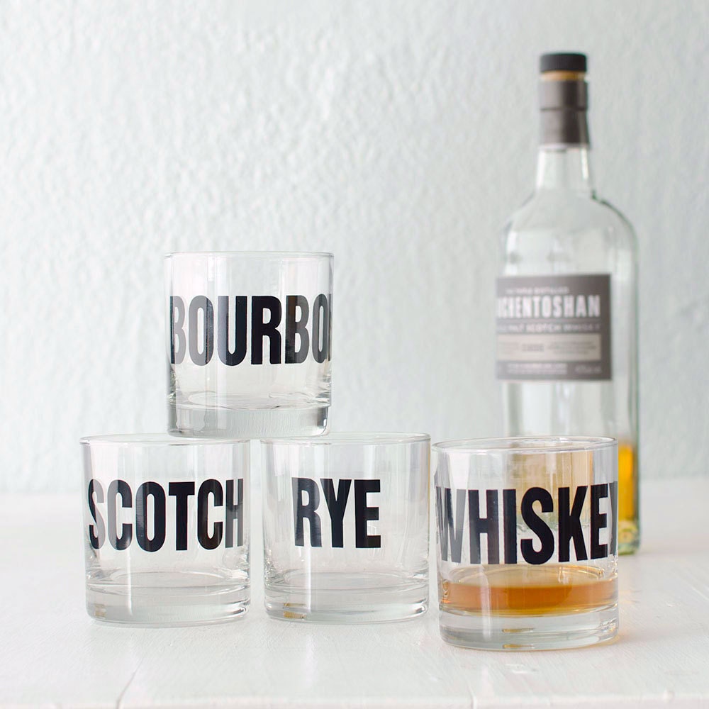 Whiskey, bourbon, scotch and rye - hand printed rocks glasses