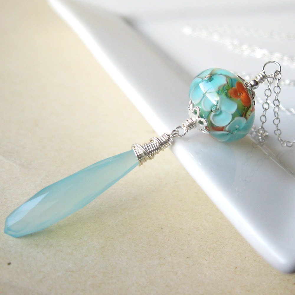 Sea garden Lampwork and Chalcedony necklace in sterling with apatite