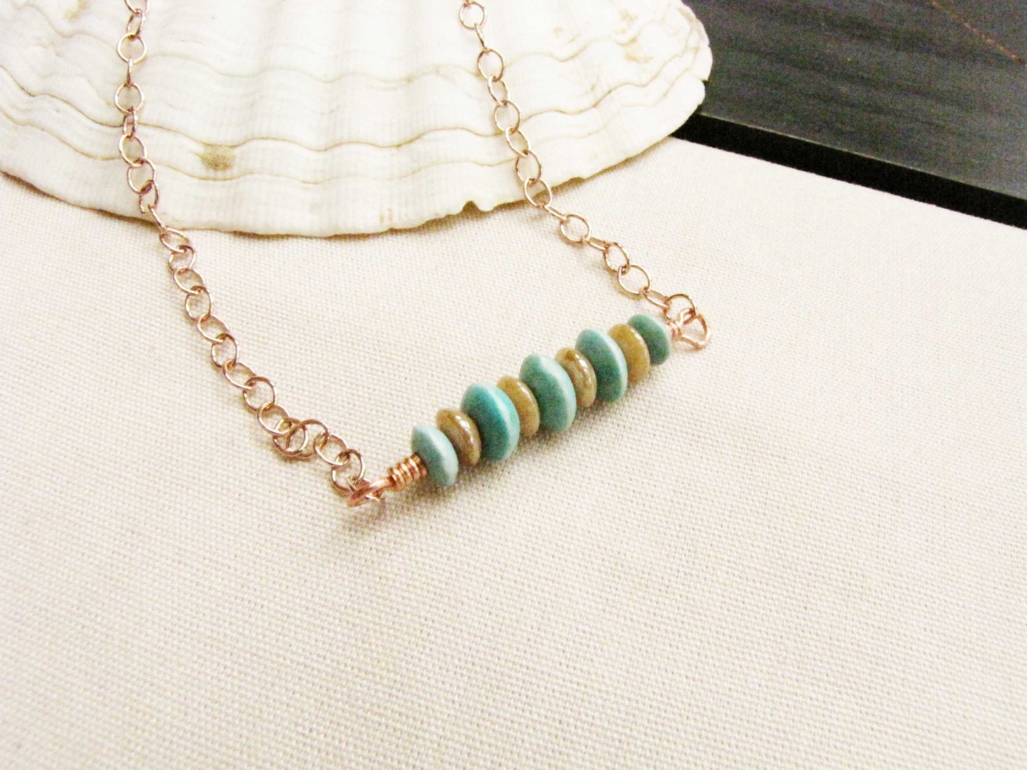 Stone and Glass Necklace  Handmade Wire Wrapped Necklace Copper Earrings Set