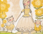 a whimsical watercolor painting of a mother with her daughters - an archival limited edition 8 x 10 inch print - by cori dantini
