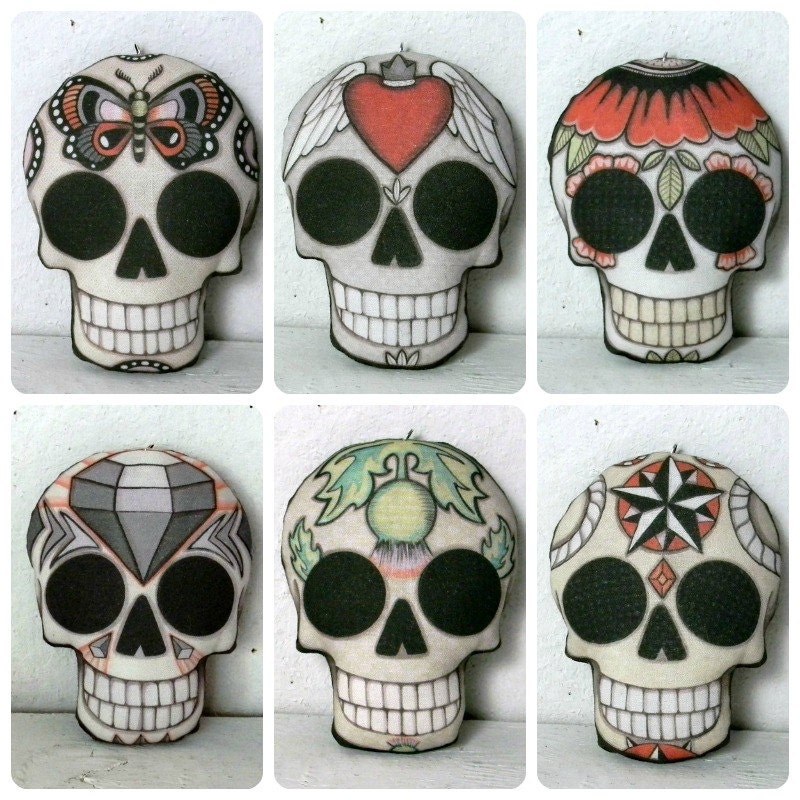 Sugar Skull Day of the Dead Ornament - Original Folk Art Skeleton Printed and Stuffed Fabric