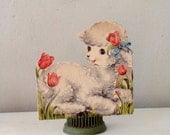 Spring Easter White Fuzzy Flocked Lamb Vintage Paper Ephemera Card with Pink Tulips and Lady Bug