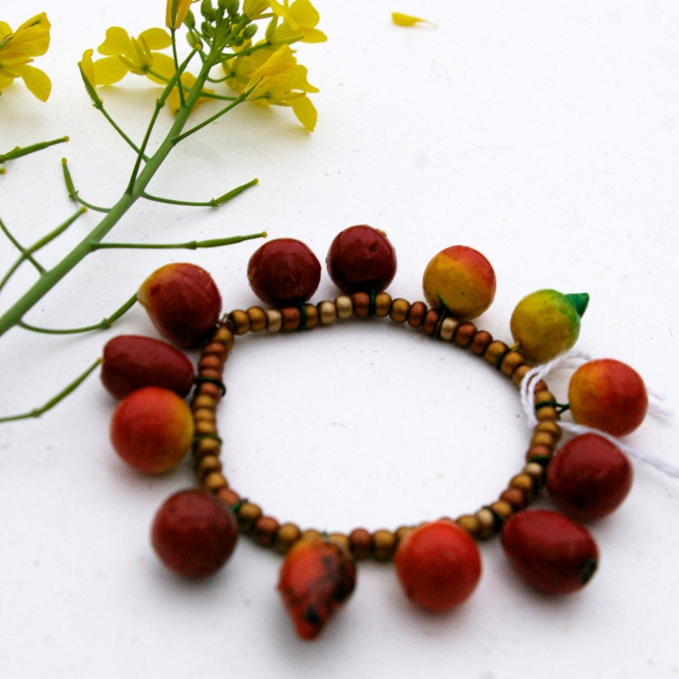 Guatemalan Clay Fruit Beads, A Stretch Bracelet, 2-Medium