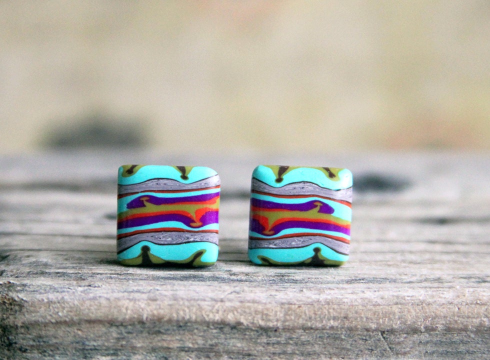 Colorful landscape.  Abstract post earrings. Studs. Earring posts. Polymer clay. Square earrings. Teal. 14mm