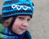 Monster Hat - Chocolate Brown, Sky Blue, Turquiose Blue Crochet Beanie for Kids, Cute Hat for Boys, Button Eye, Pointy Teeth