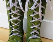 Earthgarden Fairytale knee high Boots in Moss green with rubber soles, felt lining and flowers.
