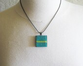 felt square necklace in teal and lime, one of a kind, simple pendant, ready to ship