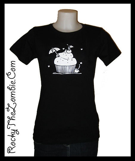 FLAWED Size XS Regular OR Slash neck Summer Cocktail Umbrella Cupcake Baker Rocky The Zombie t-shirt in black
