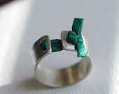 Silver Ring with Leather - 8mm wide Hammered Recycled Sterling Silver  Band - tied with repurposed leather