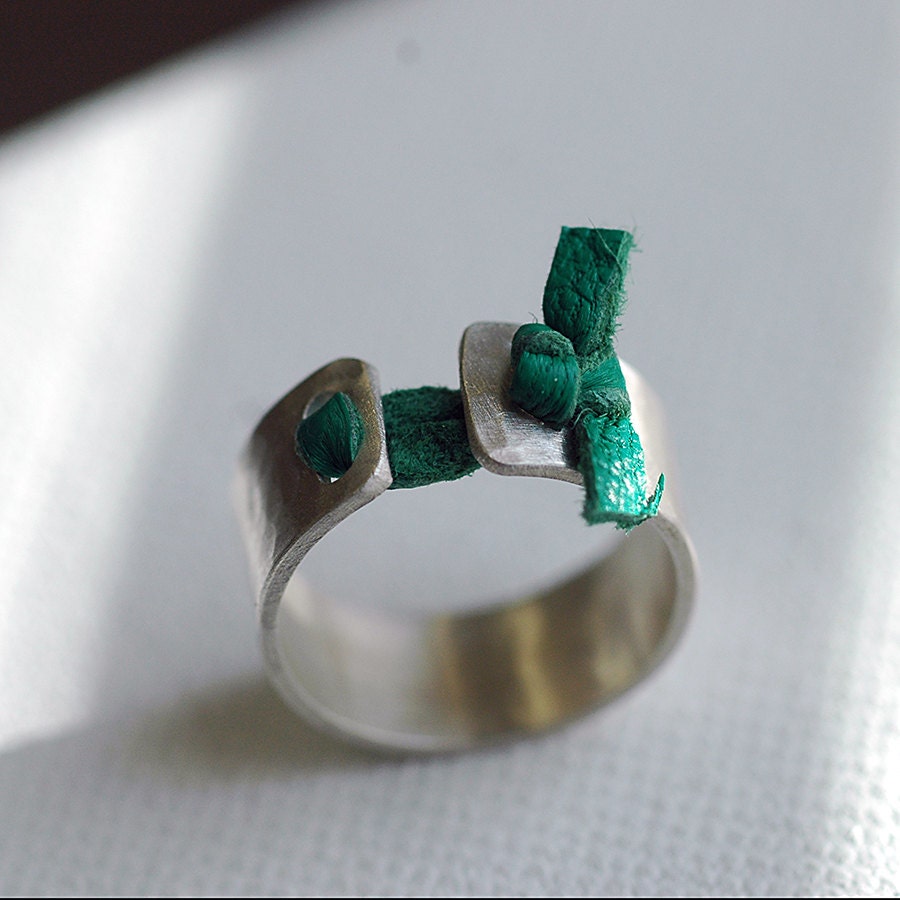 Silver Ring with Leather - 8mm wide Hammered Recycled Sterling Silver  Band - tied with repurposed leather