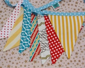 The "George" Bunting.  As Shown, Carnival Banner, Fabric Pennant Flags, Med. Flags in Red, Yellow, Blue & White Party Decor, Prop.