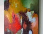 Abstract painting, "Arbour", red, gold ochre, green, dark brown, pale blue, oil on canvas, 20 x 16 inches