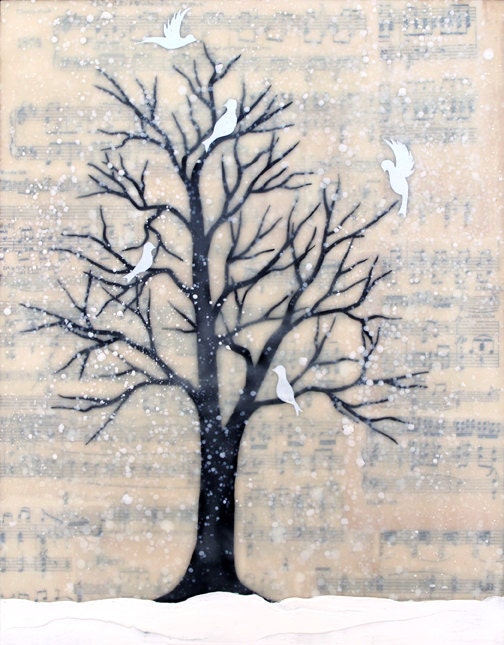 Silver Snow Tree  mixed media encaustic print