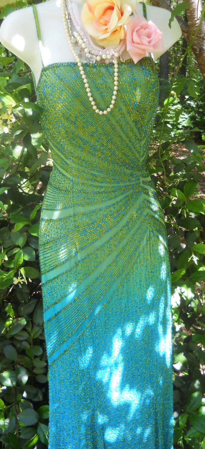 RESERVED for  jennifer thurmond  Green beaded dress blue prom  mermaid  Gatsby silk boho romantic party  small by vintage opulence on Etsy