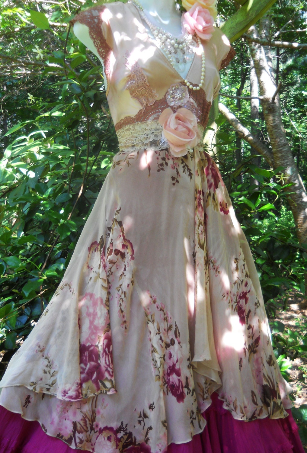 Floral  maxi dress plum lace rose boho  vintage  romantic medium by vintage opulence on Etsy