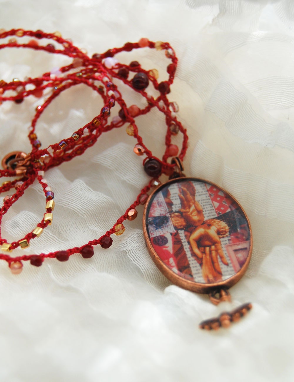 Crochet Necklace, Long Necklace with Nocturne Pendant - red, pink and copper
