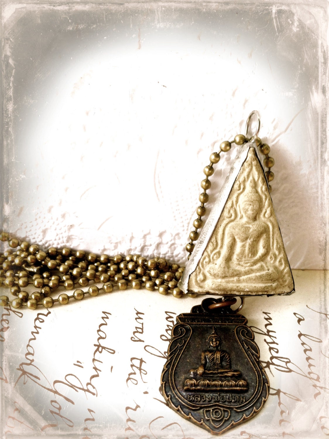 Buddhist Amulet Necklace, Soldered Clay Tablet Buddha, Vintage Buddhist Medallion Necklace, Vintage Buddhist Amulet Pendants