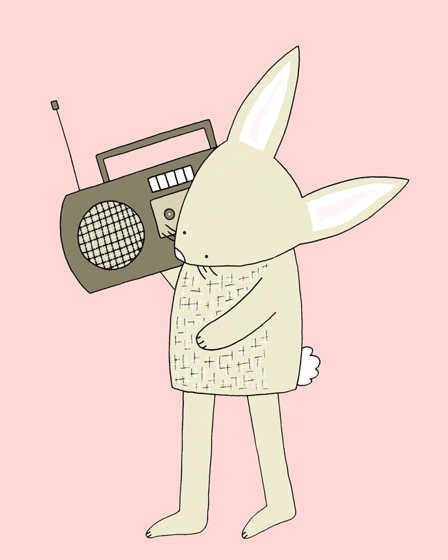 Nursery Art, Nursery Print, Art Print, Baby Girl Nursery Art, Bunny with a Boombox, Pink Nursery, Nursery Wall Decor