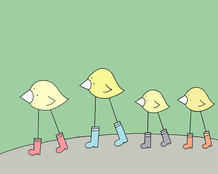 Nursery Print, Green Nursery Art, Gender Neutral Nursery, Marching Birds, 8x10, Bird Nursery Art